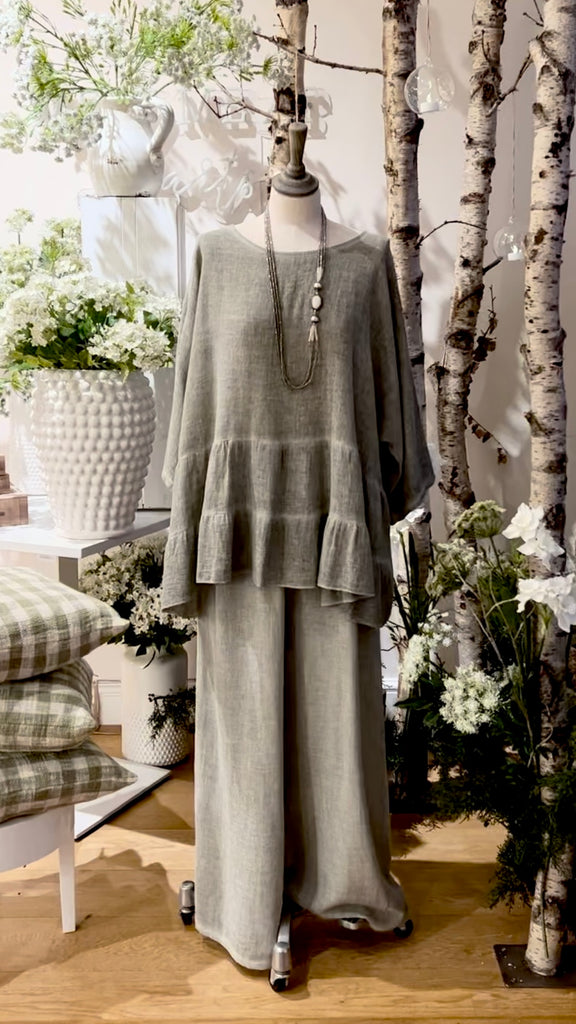 The Darcy Ruffle Washed Linen Blouse. Sage Green