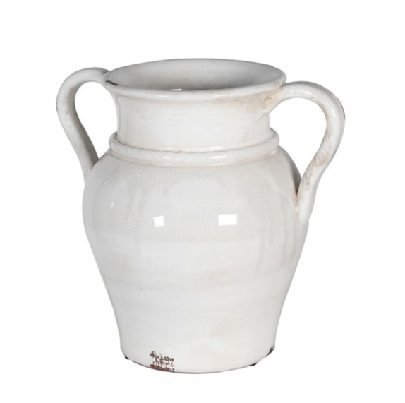 In Store Only. Large Cream Distressed Ceramic Vase With Handles.