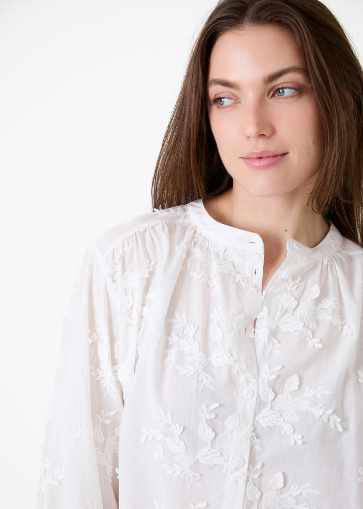 The Lydia Floral Applique Button Through Blouse White