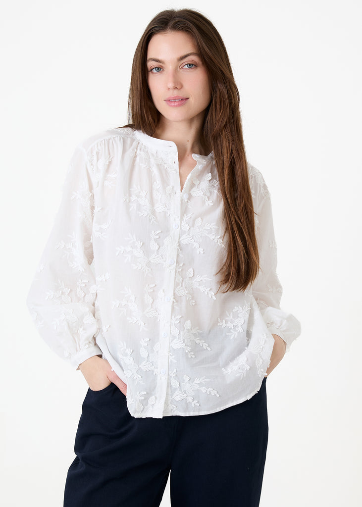 The Lydia Floral Applique Button Through Blouse White