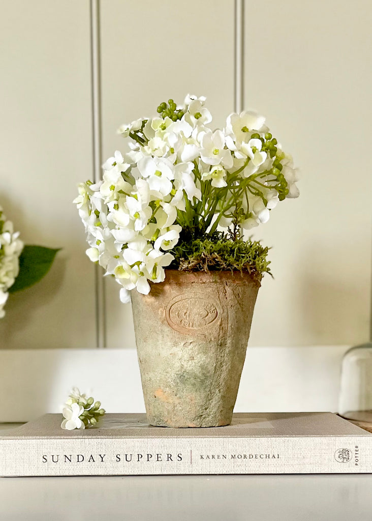 Faux Imperial Hydrangeas & Aged Terracotta Pot Arrangement