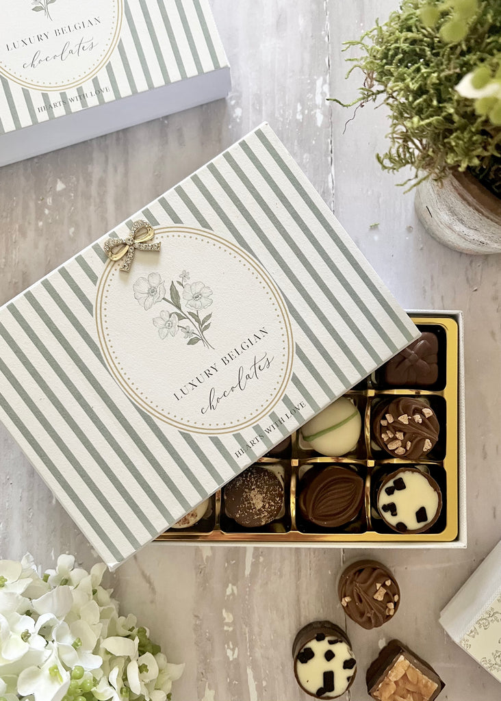 Beautiful Box Of 12 Luxury Belgian Chocolates. Green & Cream.