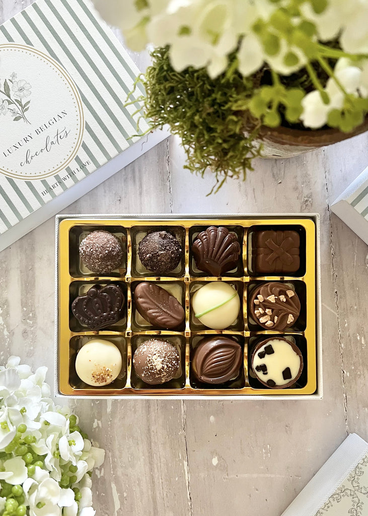 Beautiful Box Of 12 Luxury Belgian Chocolates. Green & Cream.