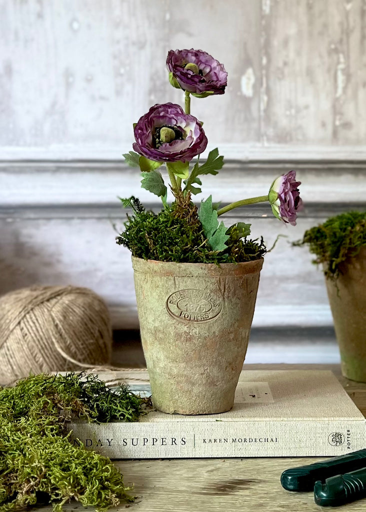 Faux Ranunculus Arrangement In Aged Terracotta Pot With Moss