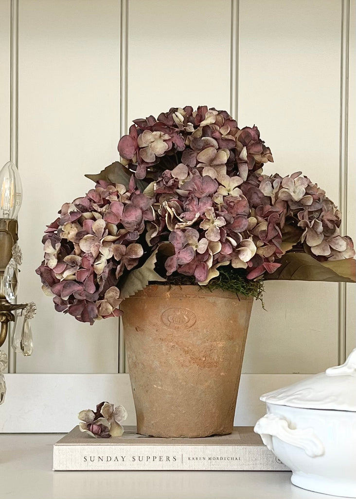 Extra Large Faux Dried Style Daphne Hydrangeas & Aged Terracotta Pot Arrangement
