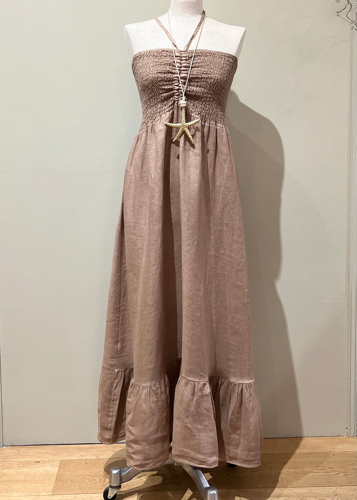 Linen Strapless Maxi Dress in Tobacco Brown.