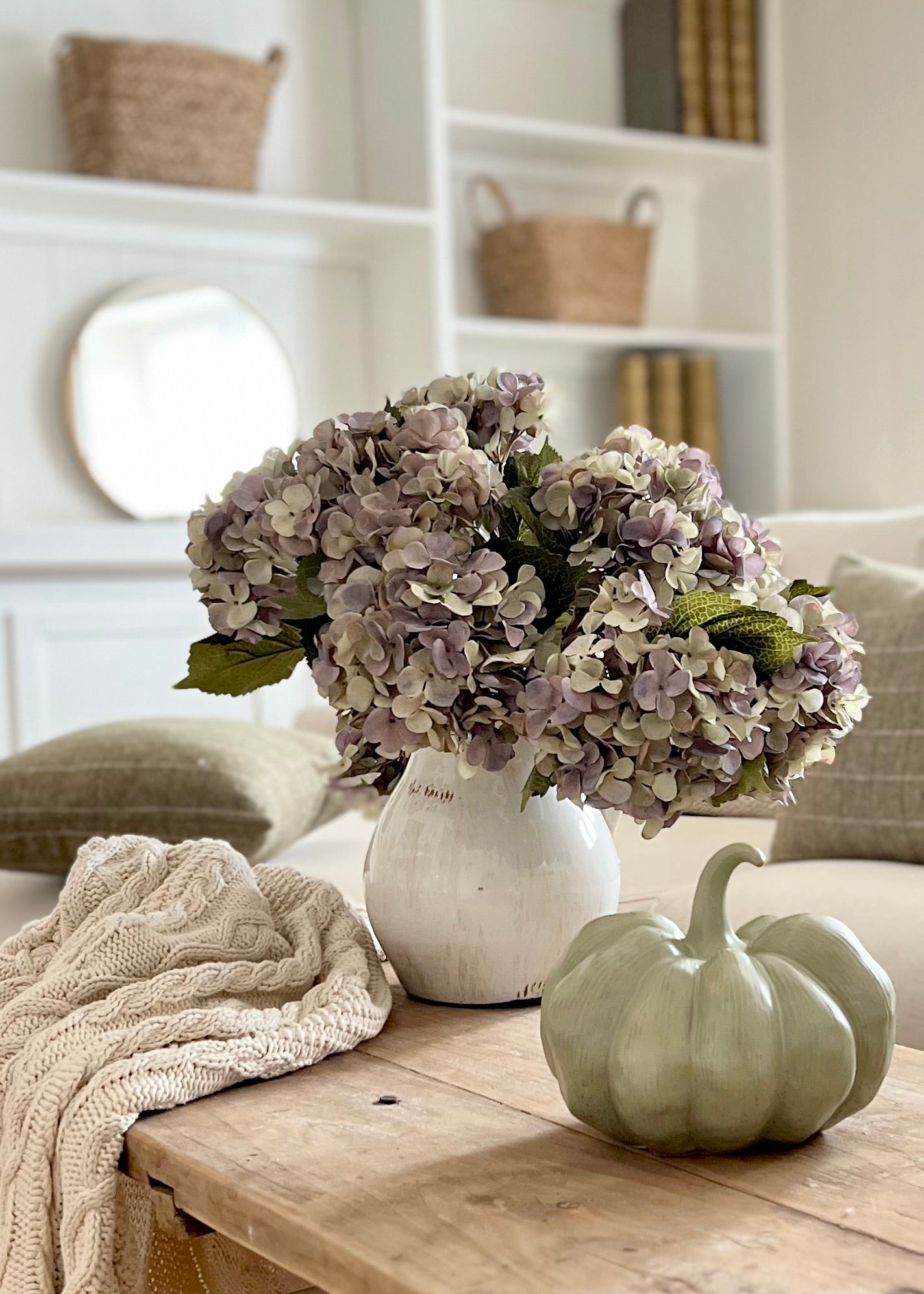 The Daphne Faux Hydrangea Stem. Moss Green & Violet.