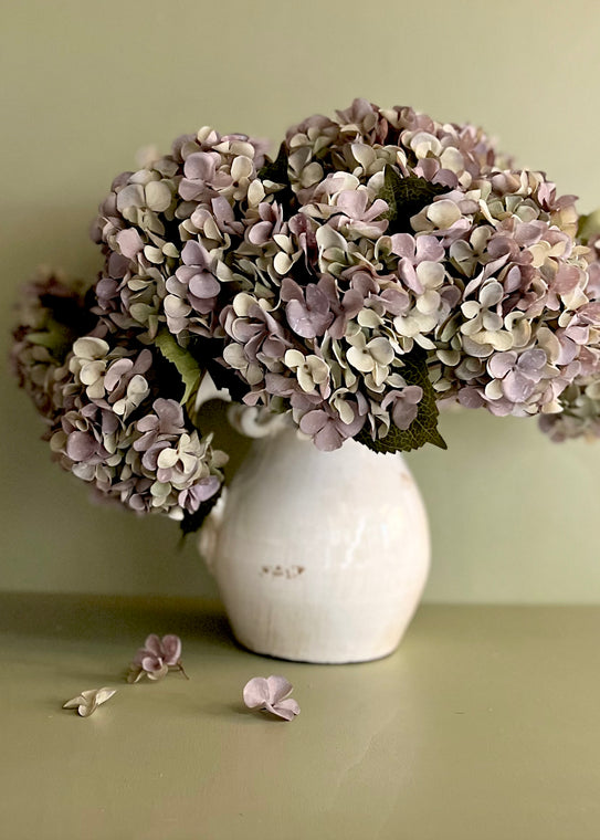 The Daphne Faux Hydrangea Stem. Moss Green & Violet.