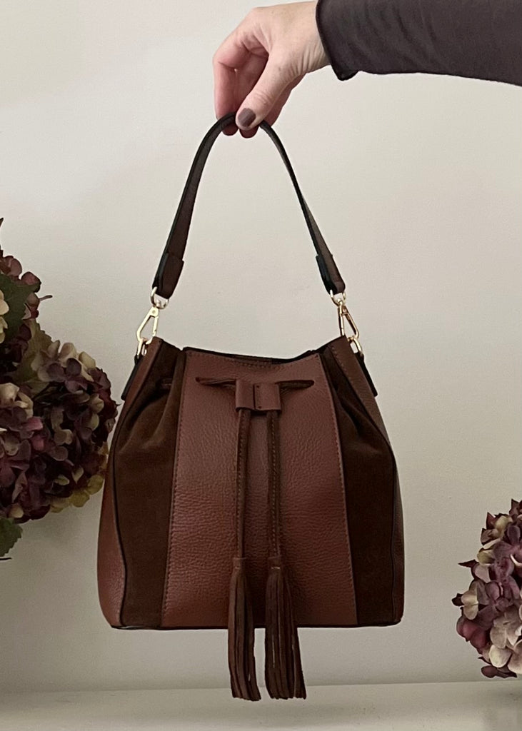 The Giselle Leather & Suede Bucket Bag. Claret.
