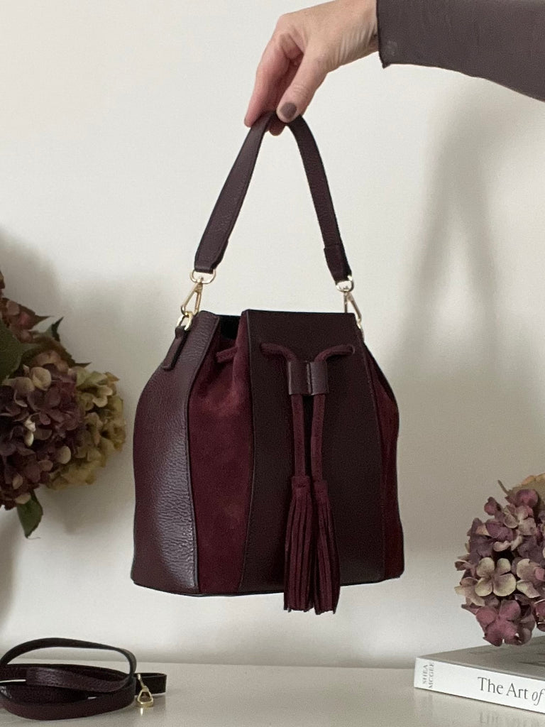 The Giselle Leather & Suede Bucket Bag. Claret.
