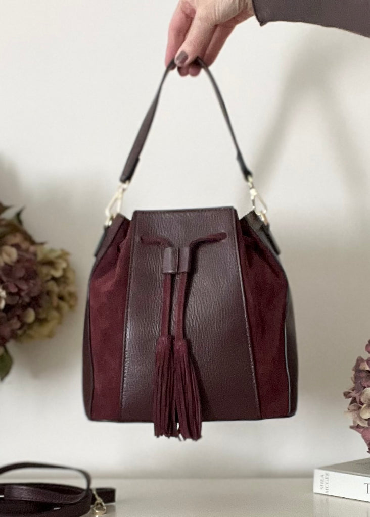 The Giselle Leather & Suede Bucket Bag. Claret.