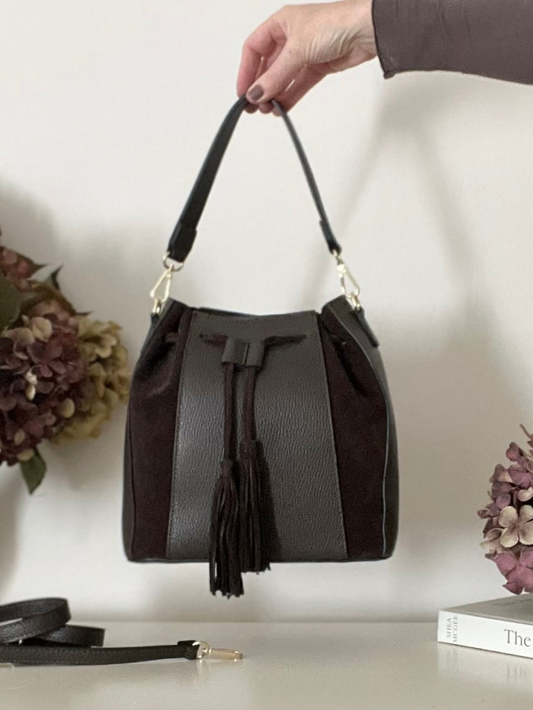 The Giselle Leather & Suede Bucket Bag. Claret.