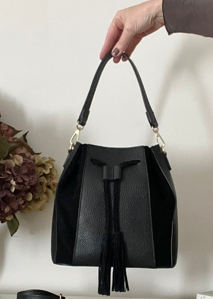 The Giselle Leather & Suede Bucket Bag. Claret.