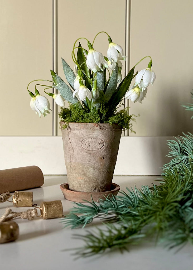 Faux Snowdrops In Terracotta Pot With Base.