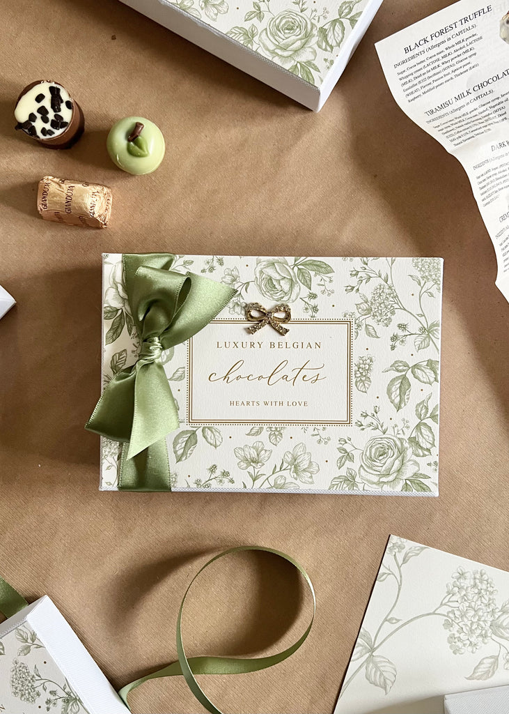 Beautiful Box Of 12 Luxury Belgian Chocolates. Green & Cream.