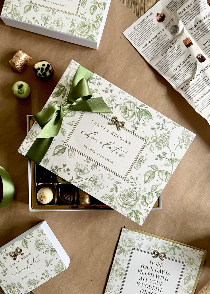 Two Beautiful Boxes Of Luxury Belgian Chocolates. Green & Cream Floral.