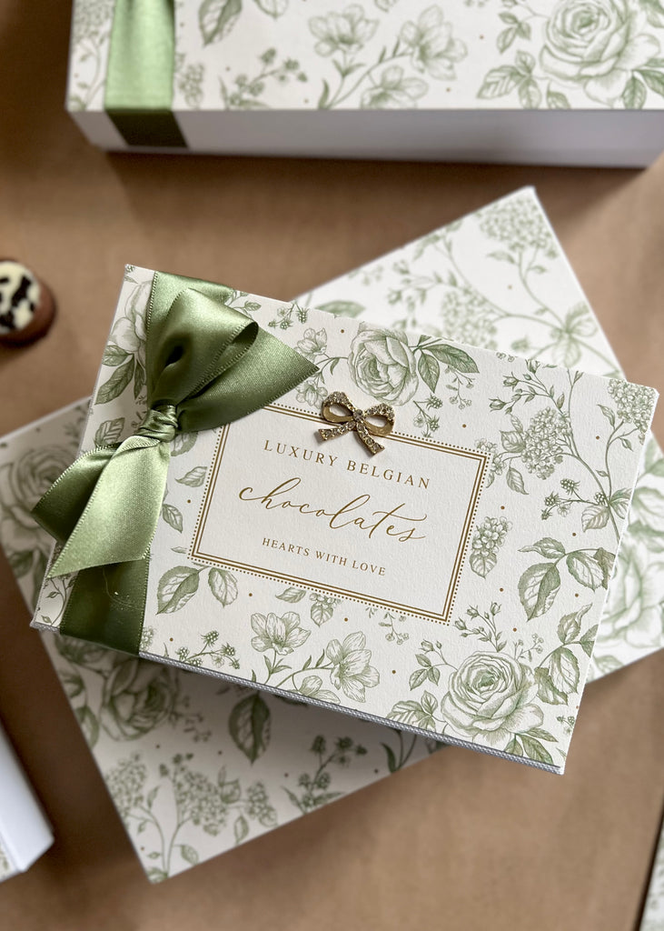 Two Beautiful Boxes Of Luxury Belgian Chocolates. Green & Cream Floral.