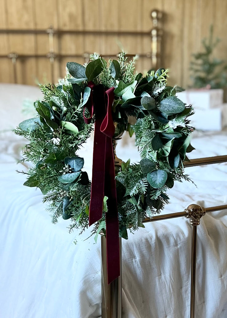 Handmade Christmas  Faux Wreath Finished With Mulberry Velvet Ribbon. Med.