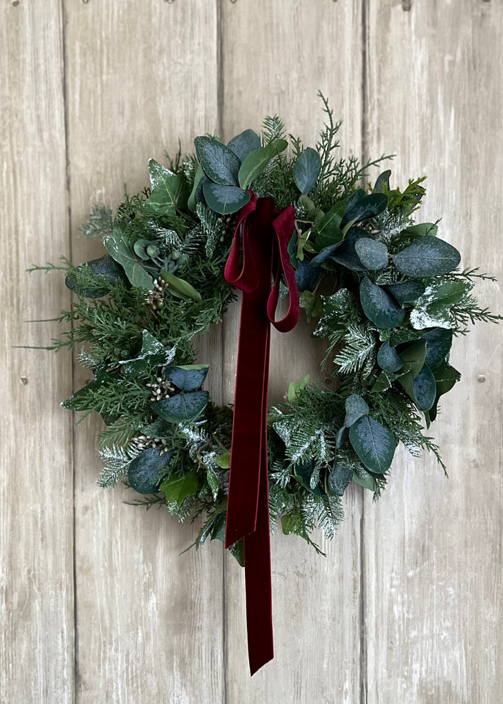 Handmade Christmas  Faux Wreath Finished With Mulberry Velvet Ribbon. Med.