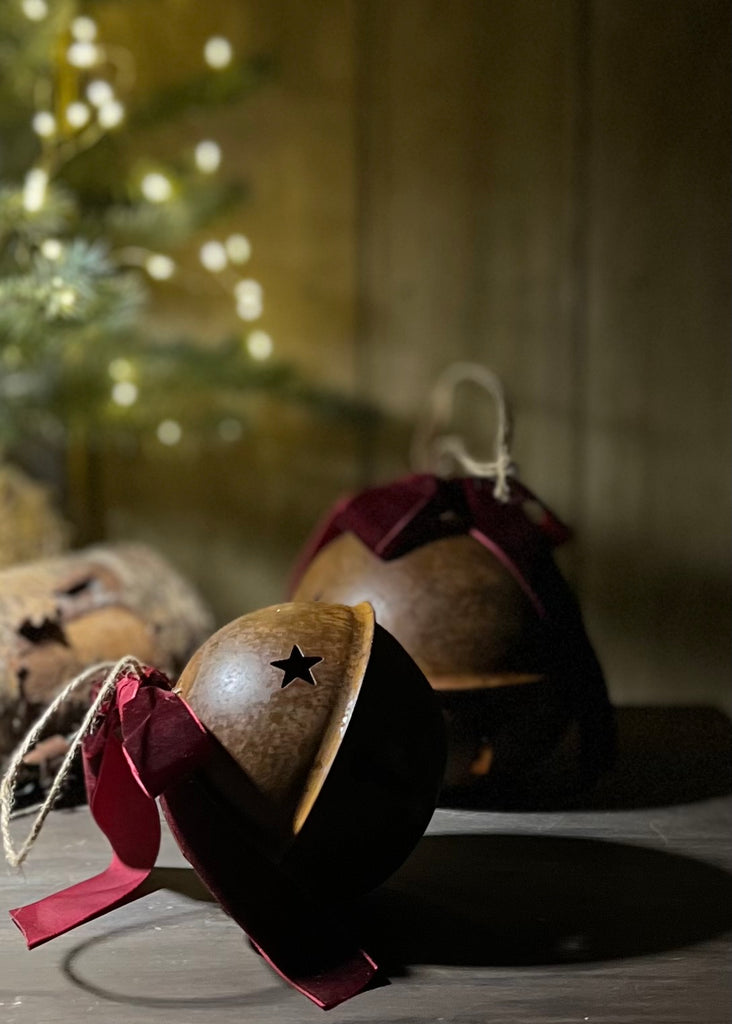 Set Of Two Rusty Bells With Velvet Ribbon.