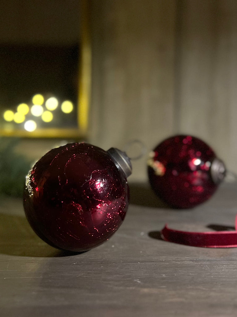 3 inch Mulberry Large Crackle Glass Christmas Bauble. Set Of Two