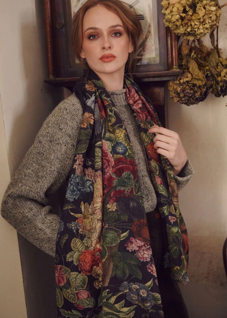 Primula Black Floral Wool Scarf