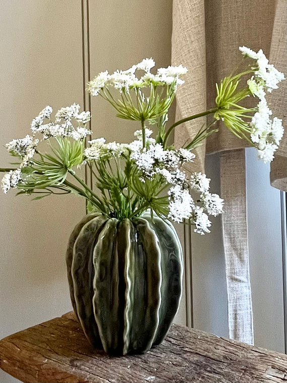 Emerald Green Glazed Vase With Faux Cow Parley Stems, Wildflower Arrangement, Hedgerow Home Decor.