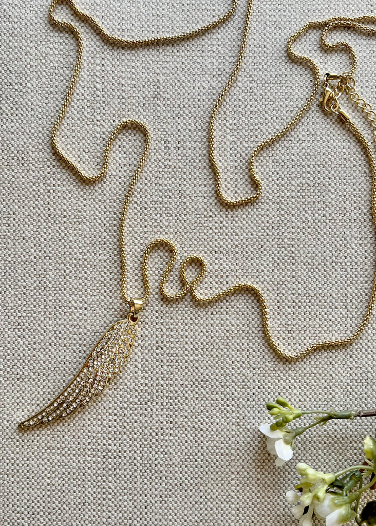 Long Gold Crystal Angel Wing Necklace. Only available Online.