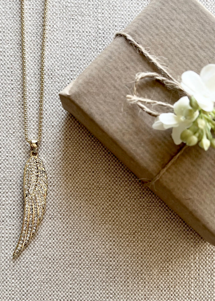 Long Gold Crystal Angel Wing Necklace. Only available Online.