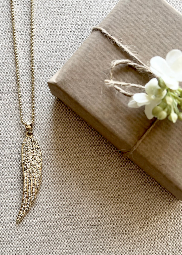 Long Gold Crystal Angel Wing Necklace. Only available Online.