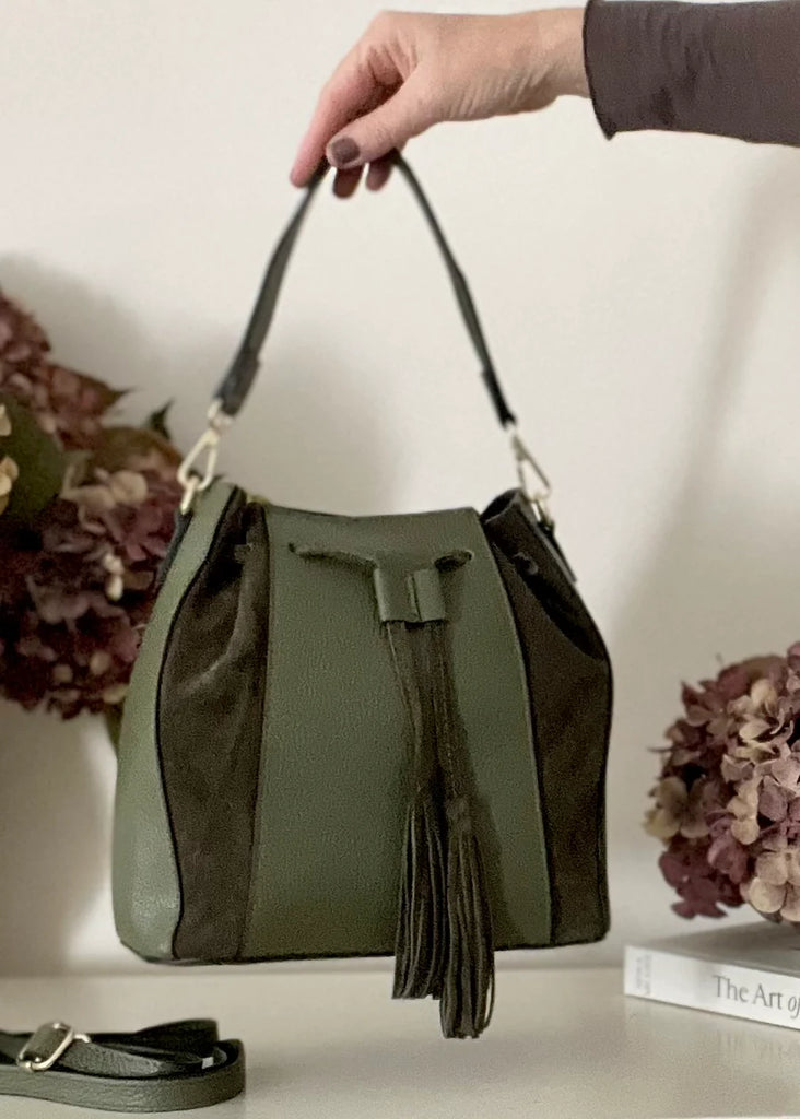 The Giselle Leather & Suede Bucket Bag. Claret.