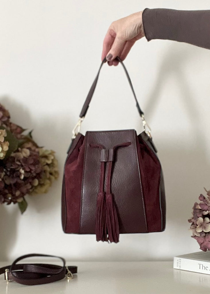 The Giselle Leather & Suede Bucket Bag. Claret.