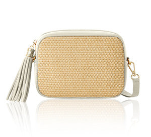 Margot Italian Leather & Raffia Crossbody Cream Bag.