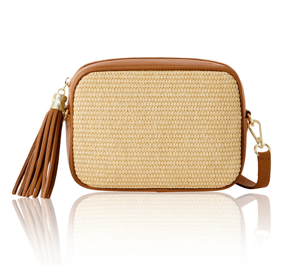 Margot Italian Leather & Raffia Crossbody Tan Bag